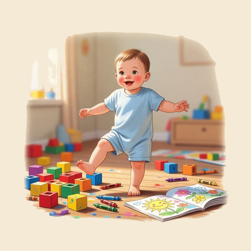 A toddler taking a first step among wooden blocks and crayons