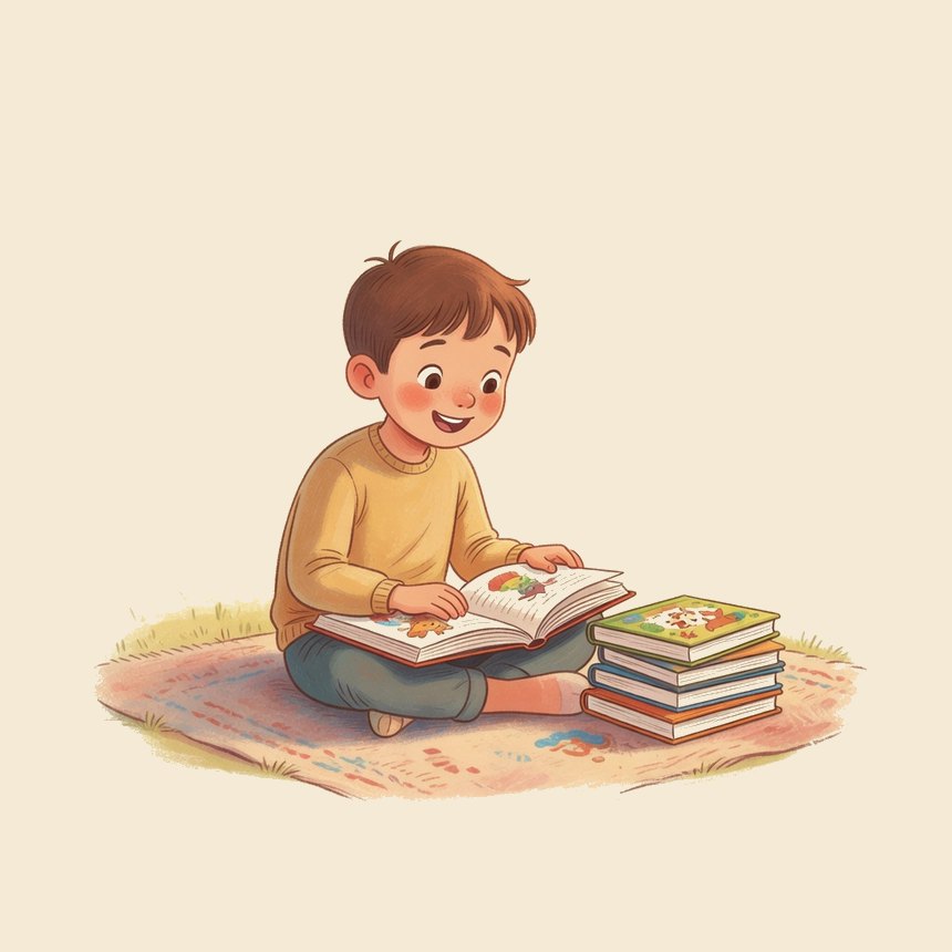 A child sitting on a rug, absorbed in a picture book